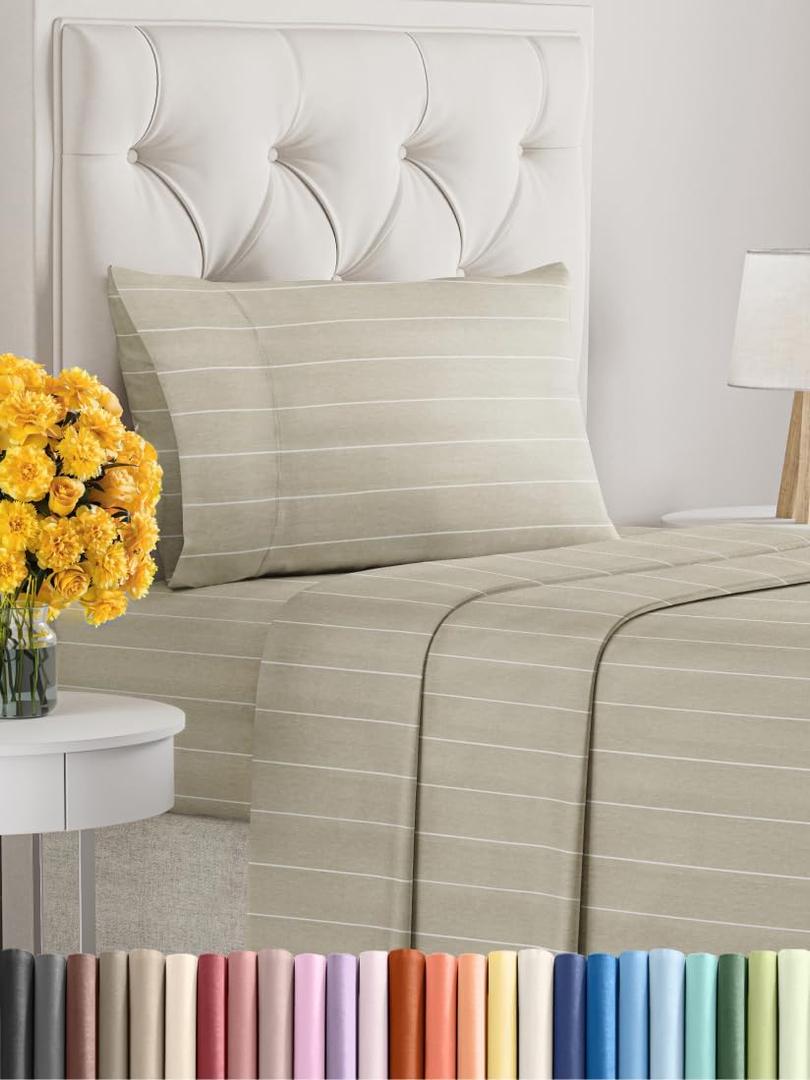 Twin Size 3 Piece Sheet Set - Extra Soft, Breathable & Cooling - Hotel Luxury Durable Bed Sheets for Women & Men - Deep Pockets, Easy-Fit & Wrinkle-Free - Beige Stripes Oeko-Tex