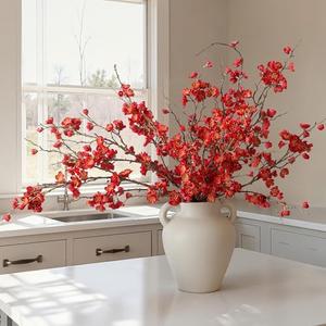 florisso 6 PCS Artificial Cherry Blossom Branches Spring Indoor Decoration, Faux Red Flowers 34.45" Long Stems Fake Plum Peach Plants Real Touch Silk for Wedding Home Bedroom Party Table Office