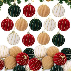 Hollowfly 24 Pcs Velvet Christmas Ornaments Balls 2.36 Inches Flocked Burgundy Red Green Brown Velvet Hanging Ornaments for Christmas Tree Shatterproof Plastic Ball Decorations for Xmas Holiday Party