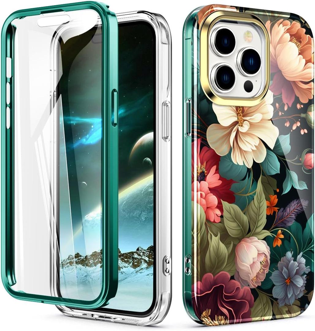 Cute Flower Case for iPhone 15 Pro 6.1 inch Built with Screen Protector, Lightweight and Stylish Full Body Shockproof Protective Rugged TPU Case for Women/Girls