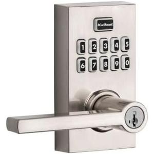Kwikset 99170-003 SmartCode 917 Keypad Keyless Entry Contemporary Residential Electronic Lever Lock Deadbolt Alternative with Halifax Door Handle and SmartKey Security, Satin Nickel