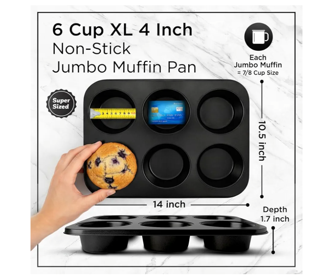 Wrenbury Jumbo Muffin Pan 6 Cup - Nonstick XL Deep Muffin Pan for Baking 4" Cup - Oversized Extra Large Cupcake Mold - Dishwasher Safe - PTFE Free - 446°F Oven Safe