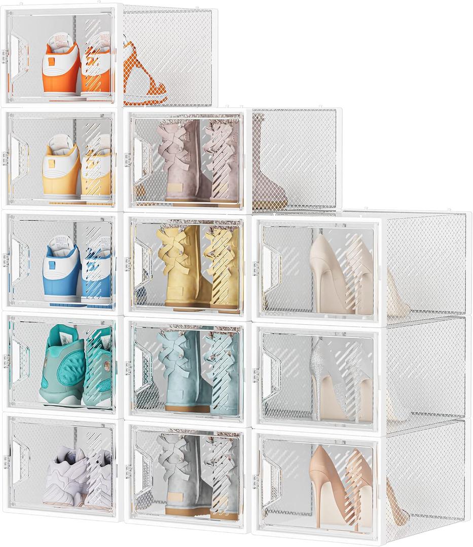 Shoe Storage, 12 Pack X-Large Shoe Organizer for Closet, Shoe Boxes Clear Plastic Stackable Shoe Storage Boxes for Size 13