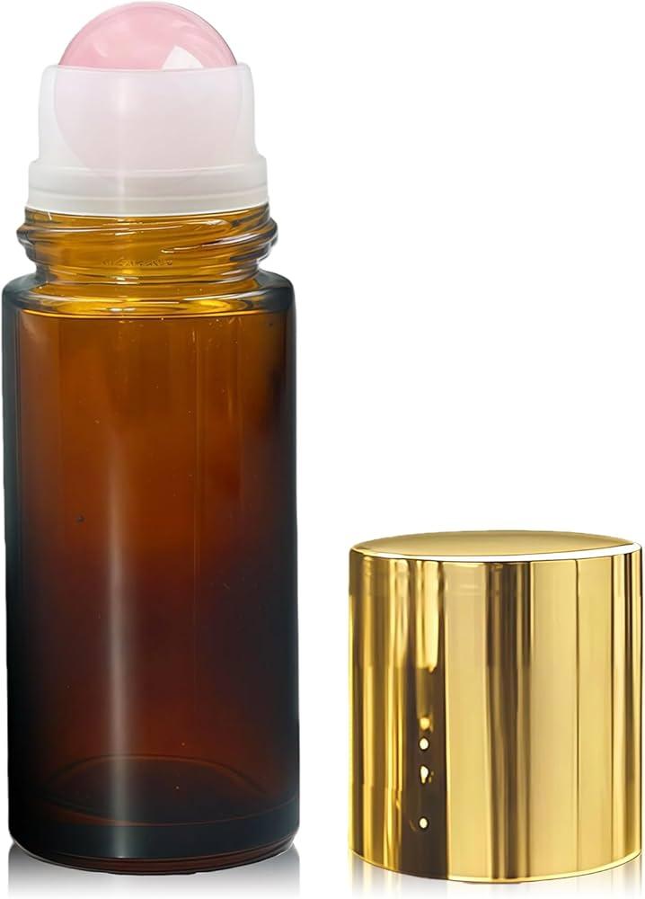 PrettyCare Rose Quartz Roller Bottle for Castor Oil 50ml Refillable Amber Glass Roll On Bottle with Natural Rose Quartz Roller Ball, Leak-Proof Roller Ball Applicator for Essential Oils, Perfume