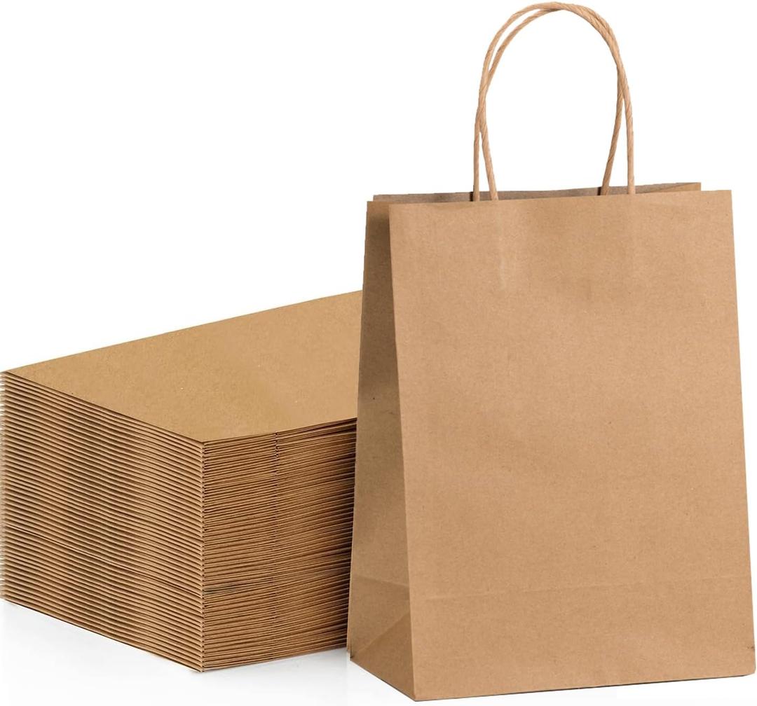 FACEBAG 100-Pack Brown Paper Bags with Handles, 8x4.25x10.5 Inch Kraft Gift Bags, Applicable to Birthday, Retail, Party, Shopping, Festival, Reusable & Durable