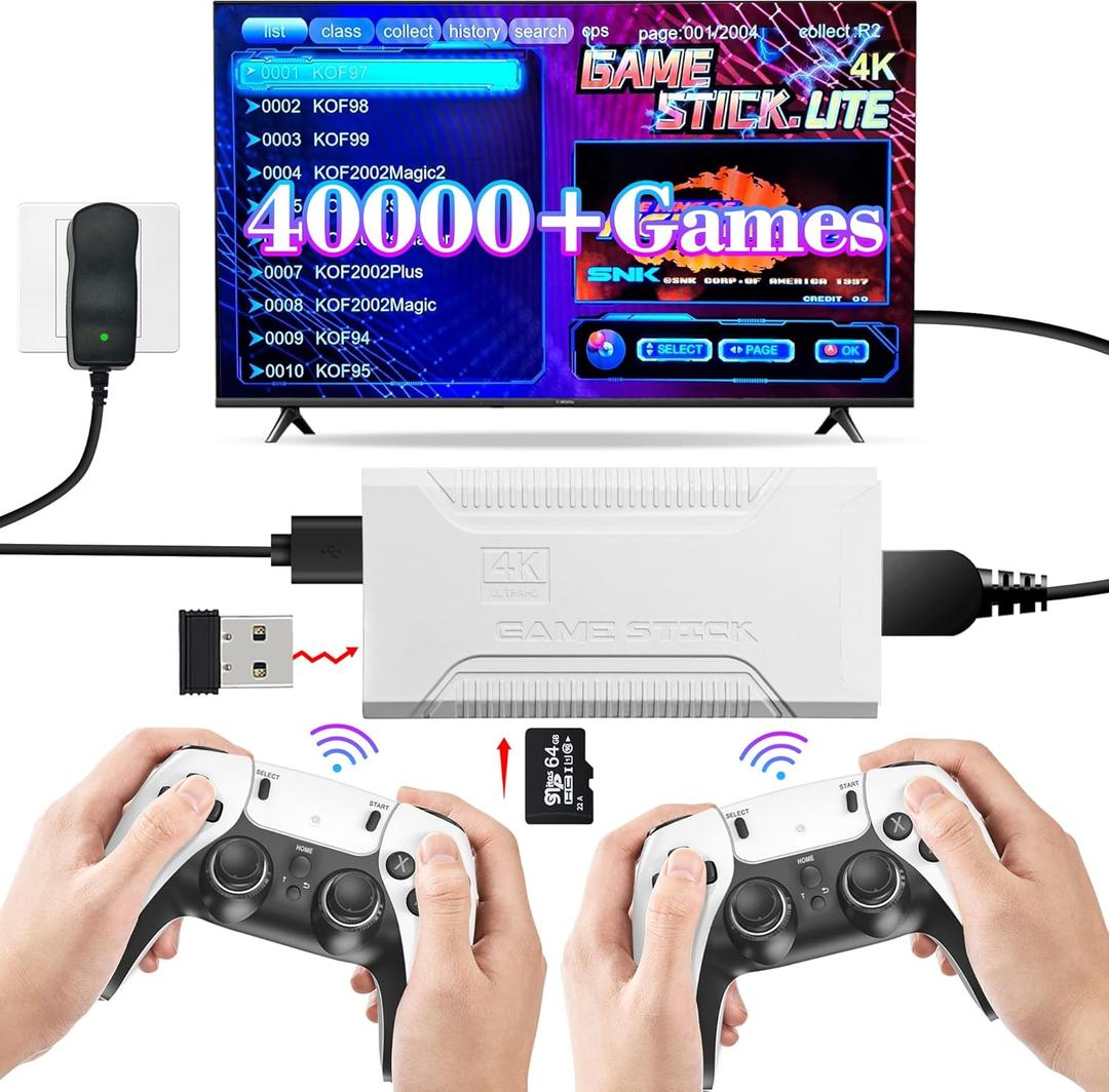 Retro Game Stick with 40,000+ Classic Games, 23 Emulators, Plug & Play 4K HDMI Output,Dual 2.4G Wireless Controllers,64GB TF Card, Multiplayer Arcade Console for TV, Family & Kids Gift, 2026 Editions