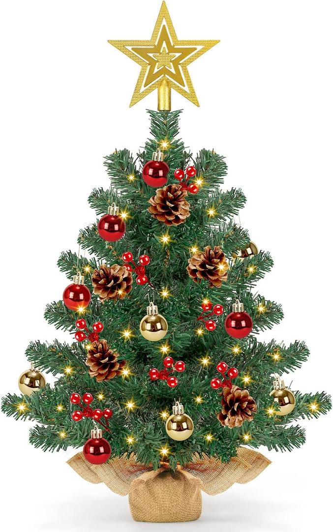 [ 8 Modes & Timer] 24 Inch Small Tabletop Christmas Tree with 50 Warm White Lights Star Treetop and Ornaments Artificial Mini Christmas Tree Indoor Home Table Christmas Decorations (Green)