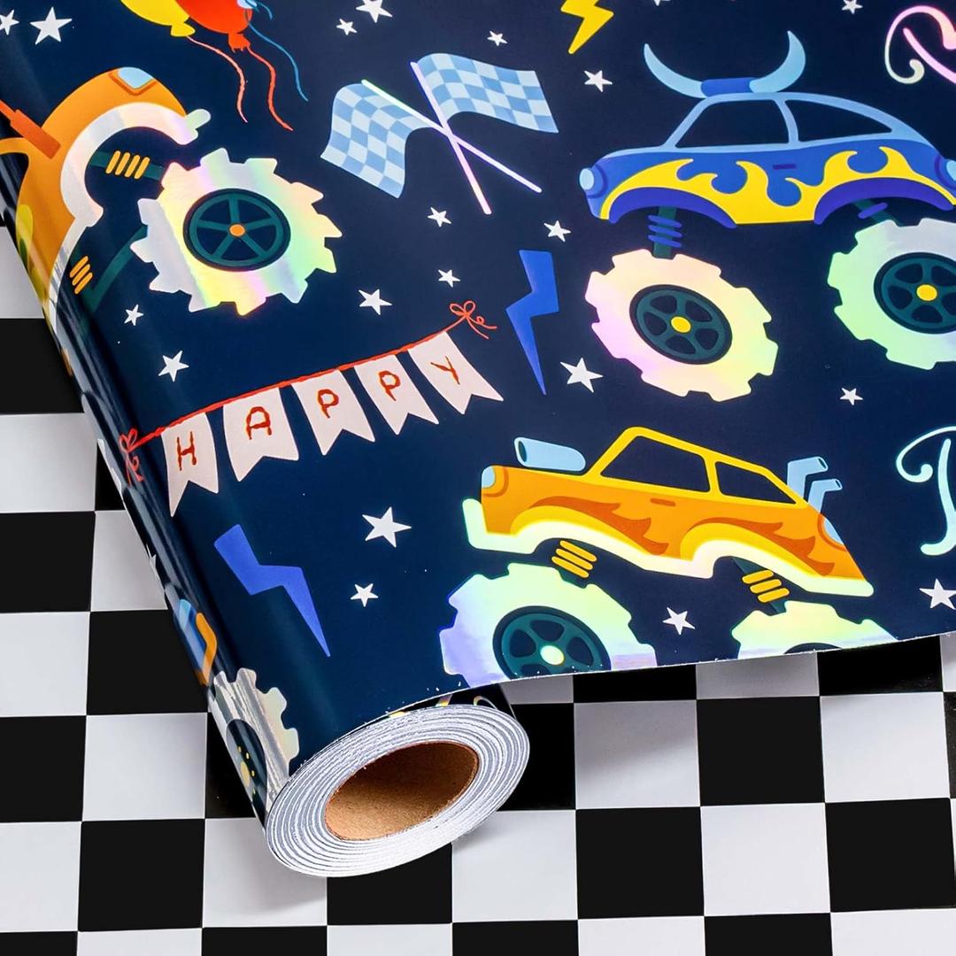 MAYPLUSS Monster Truck Wrapping Paper Roll, Reversible Checkered Flag Birthday Gift Wrap, Perfect for Kids and Boys Birthdays, 17 Inch x 33 Feet (Laser Rally Car 33FT)