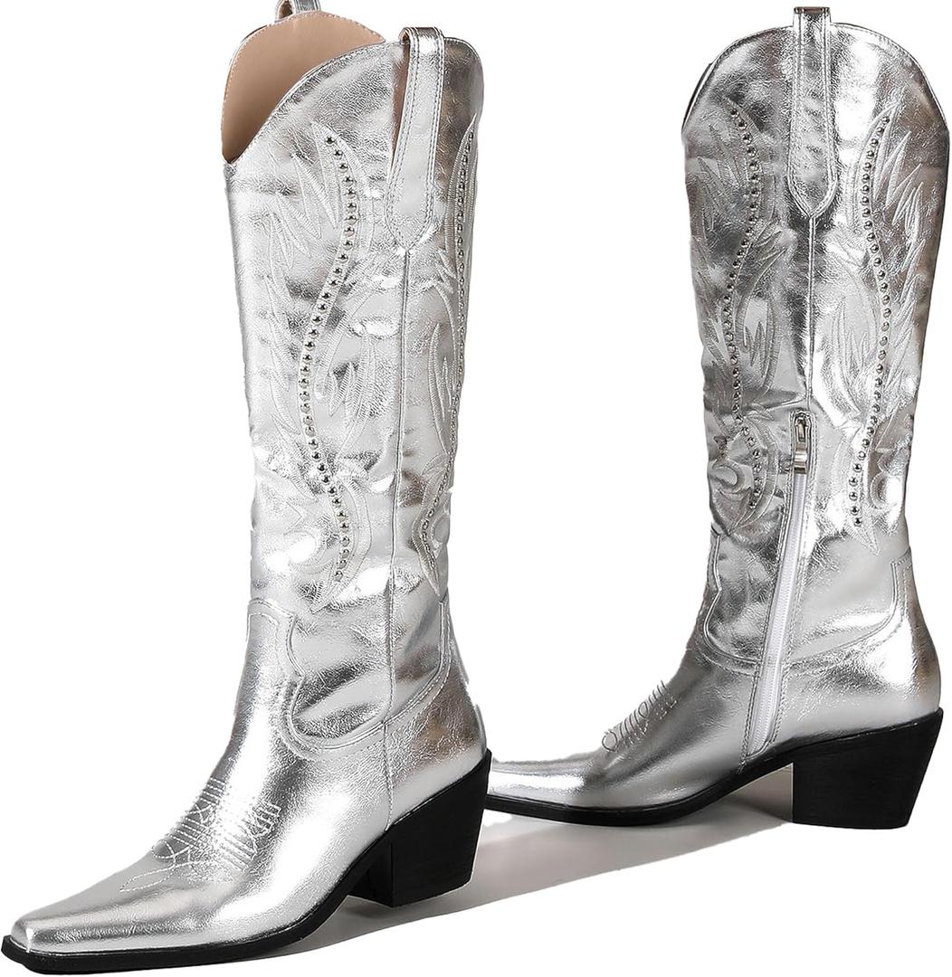 LingxiaUne Red Embroidered Cowboy Boots For Women Stylish Western Cowgirl Boot With Pointed Toe Chunky Block Heel Comfortable Shoes Mid Calf Boot For Party Prom Music Festival Pull On (8, Metallic Silver)