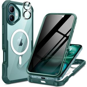 seacosmo for iPhone 16 Case, Full Body Bumper with Built-in 9H Tempered Glass Privacy Screen Protector and Camera Lens Protector, Compatible with MagSafe, Shockproof 16 Phone Case, 6.1", Green