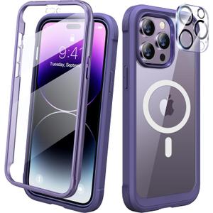 Diaclara Designed for iPhone 14 Pro Case 6.1,[Compatible with MagSafe] Full Body Rugged Magnetic Protective Case+Tempered Glass Camera Lens Protector w/Built-in Screen Protector (Purple-Mag) (iPhone 14 Pro 6.1", Magnetic Purple)