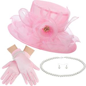 5 Pcs Derby Fascinator Hat Gloves Set for Women Tea Party with Pearl Necklace Bracelet and Earring (Pink)