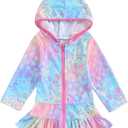 Mubineo Toddler Girl Long Sleeve Swimsuit Beach Dress Cute Cover Ups Ruffle Bathing Suit Cover Up Kimono Kids Swimwear (5-6 Years, Rainbow Mermaid)