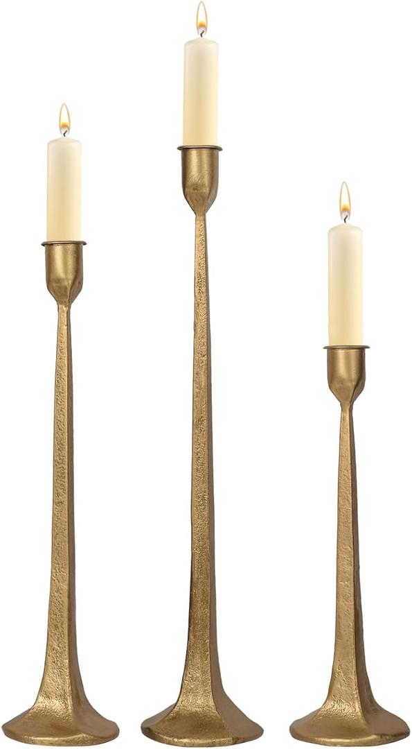 Iron Taper Candle Holder Set of 3 - Decorative Tall Candle Stand, Candlestick Holder for Wedding, Dining Table, Party Decoration (Antique Brass) (Antique Brass)