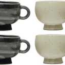 Modern Stoneware Footed Mug, Set of 4, Black and White