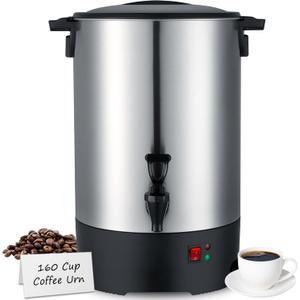 Large Commercial Coffee Urn 160 Cup Percolate Coffee Maker Stainless Steel Hot Beverage Dispenser with Cool-Touch Handles, Quick Brewing for Catering, Business, Church, Restaurant, Wedding, Gathering
