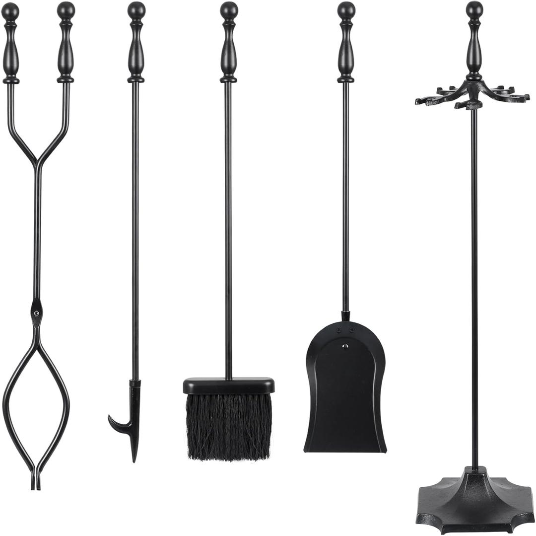 5 Pieces Fireplace Tool Sets, 31 Inch Wood Stove Hearth Accessories Sets, Rustic Fire Pit Set Includes Shovel, Brush, Tongs, Poker, Grabber, Black