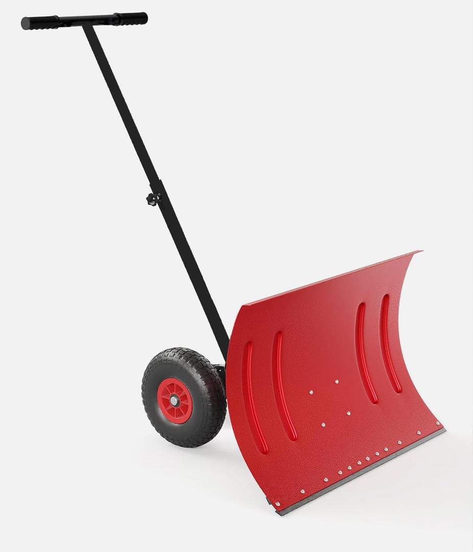 Garvee Snow Shovel with Wheels for Driveway, 20" Wide Adjustable Snow Pusher with 5-Position Angle & Height Handle, Ergonomic Back-Saving Snow Removal Tool for Sidewalks, Yards & Patios - Red