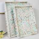 Serving Trays Handmade Trays for Serving Mother of Pearl Inlay Decorative Tray Room Decor, Coffee Table Tray Set of 2 Trays Decor for Ottoman Length 16'' and 14''