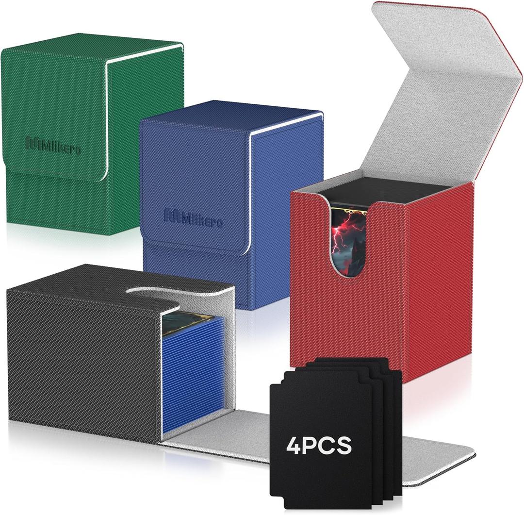 Mlikero 4 Pack Card Deck Box, Commander Deck Box Holds 400+ Single Sleeved Cards with 4 Dividers, Leather Magnetic Card Box Fit for MTG, TCG (4 Colors)