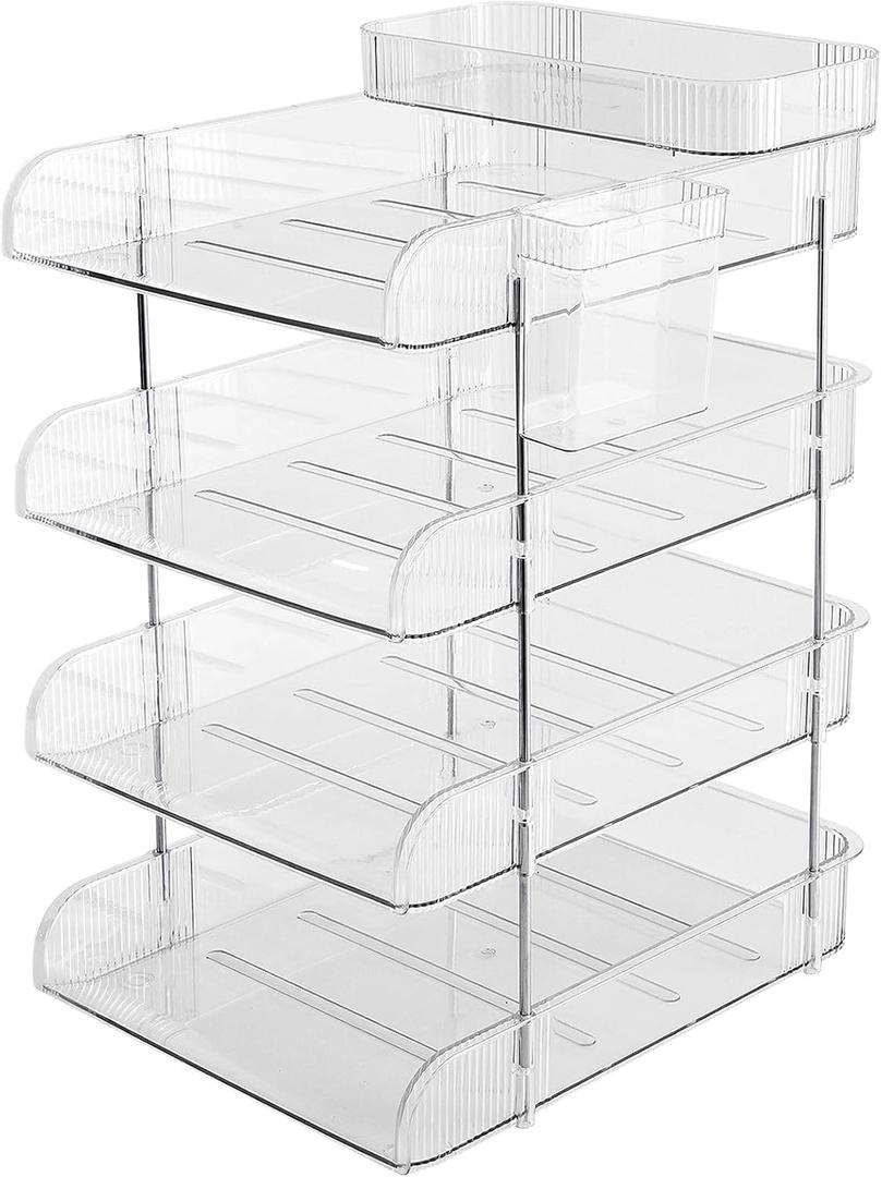 4 Tier Acrylic Paper Organizer with Pencil Holder and Top Tray, Letter Tray, Desk File Organizer, Office Organizer for Letter, A4 Office File, Books
