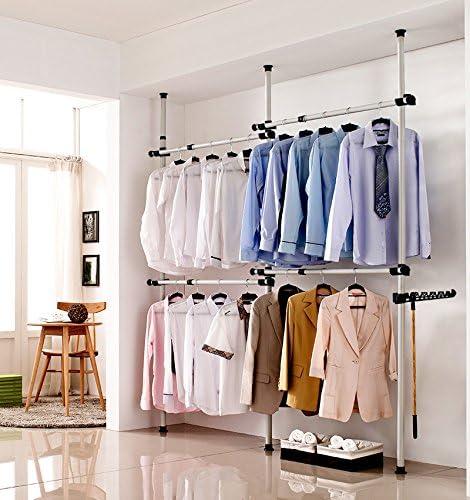 Floor to Ceiling Clothes Racks for Hanging Clothes, 4 Crossbars, Adjustable
Tension Rod Garment Rack, Steel Poles, PP Bases, Freestanding, 281 to 329cm Height, 153.5 to 272cm Length
