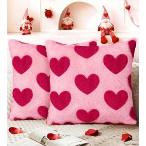 Valentines Pillow Covers 18x18 Inch Set of 2 - Plush Faux Fur Rose Hearts Valentines Day Jacquard Throw Pillow Covers Decorations Soft Home Decor for Couch, Sofa, or Bed