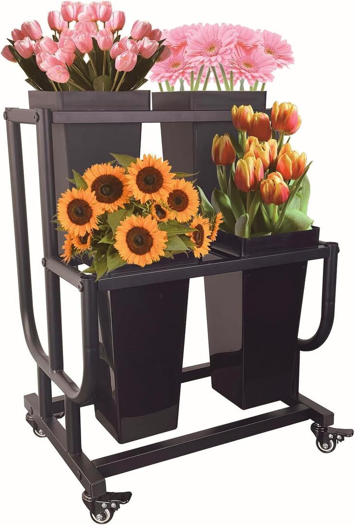 Tongmo 2-Tier Flower Display Stand with 4 Buckets - Movable Plant Cart for Heavy Duty Flower Rack - Perfect for Flower Shops, Homes, Cafs, and Offices (2-Tier with Bucket)