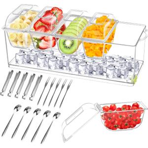 Ice Chilled Condiment Caddy with 5 Containers,Large Ice Chilled Condiment Organizer with Separate Lids, with Spoons,Forks and Clip Serving Tray Platter for Bar Accessories, Fruit, Salad, Taco, Party