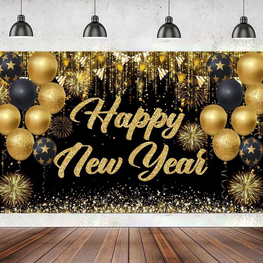 New Year Decorations  Black and Gold Happy New Year Banner, 71 x 43 Inches Large Hanging Backdrop with Ribbon for 2025 Celebration Party Supplies