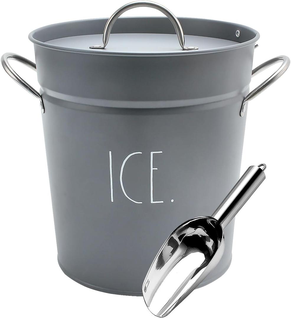 Rae Dunn Ice Bucket with Scoop - Stainless Steel Bucket with Handle, Lid and Ice Scooper - 4 Qt. Storage Bin for Ice Cubes for Bars, Parties, Backyard Barbeques, Picnics, and Camping (Grey) (Gray)