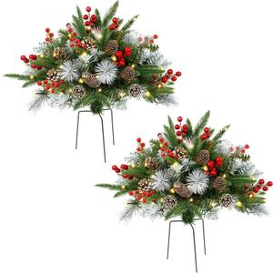 Outdoor Urn Filler, Set of 2 Lighted Outdoor Christmas Tree, Battery Operated Christmas Porch Decorations for Driveway, Yard, Garden, Flower Beds