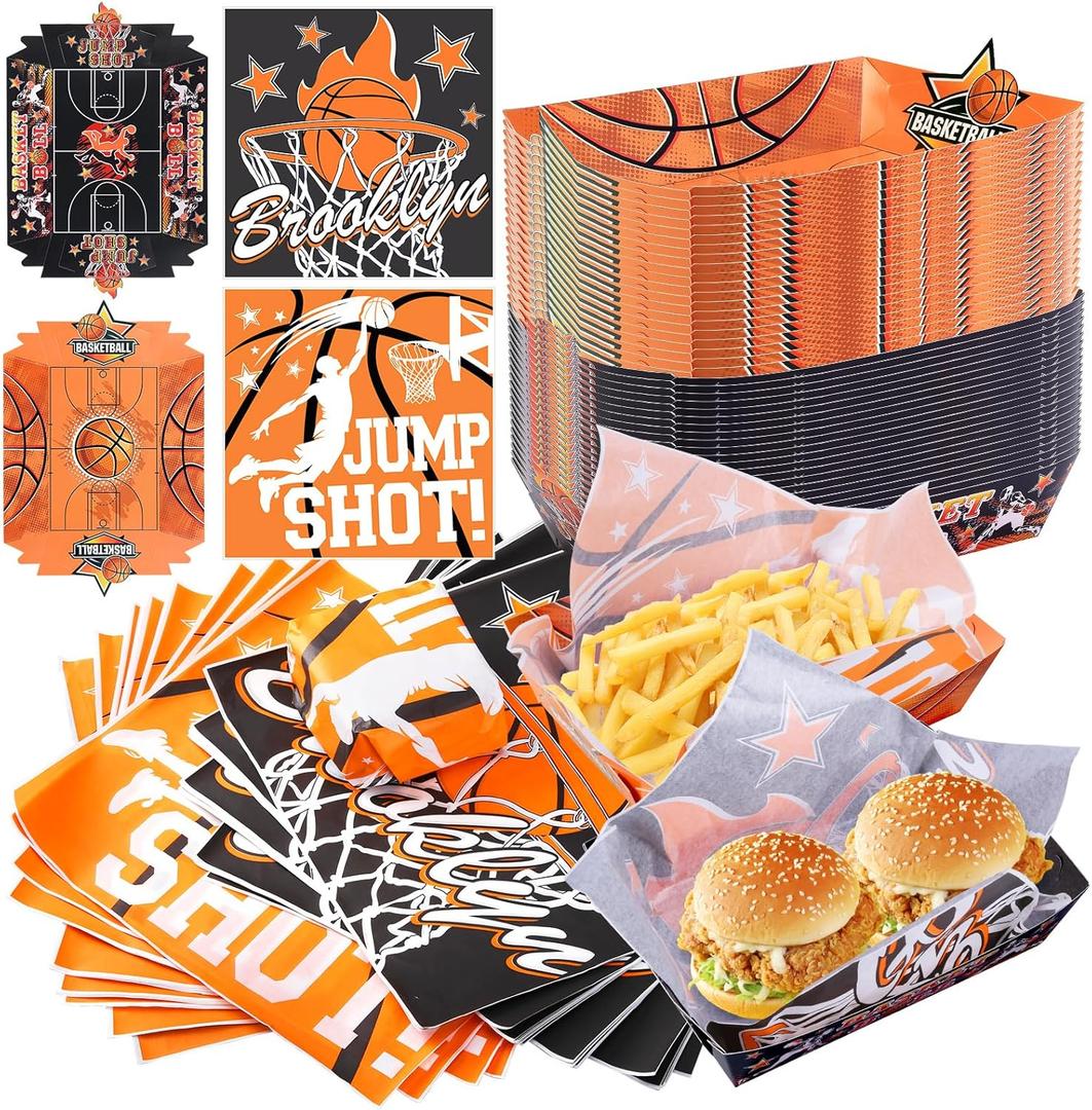 150PCS Basketball Party Food Serving Set - 100 Deli Wax Paper Sheets + 50 Disposable Food Trays - Sports Theme Snack Trays & Greaseproof Wrappers for Game Day, Birthday, Tailgate Party