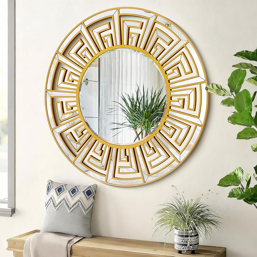 39.5"x39.5" Gold Round Large Decorative Mirror for Wall | Modern Geometric Pattern | Accent Mirrors for Wall Decor Living Room, Dining Room, Bedroom, Entryway