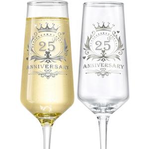 ROXBURGH 25th Wedding Anniversary Champagne Flutes Present Rhinestones Studded, 25th Anniversary Decorations 7 OZ Crystal Champagne Glasses Set of 2, Wedding Present, Couples