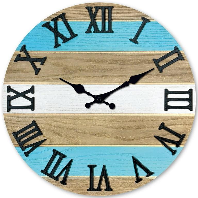 Blue Office Wall Clock Wood Solid Extra Large Wall Clocks Battery Operated 24 Inch Rustic Wall Clock Silent Non Ticking
