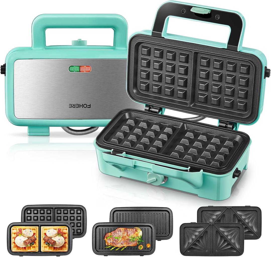 FOHERE Waffle Maker 3 in 1 Sandwich Maker 1200W Panini Press With Removable Plates and 5-gear Temperature Control, Non-stick Coating Easy to Clean,Indicator Lights, Blue (Light blue)