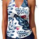 Women Two Piece Tankini Halter Padded Adjustable Drawstring Swimsuit with Boyshorts (X-Large, White Flower)