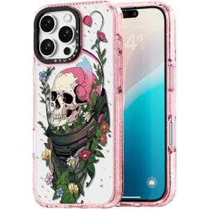 Bouvardia for iPhone 16 Pro Max Case, Cute Girly Design for Women, Shockproof & Aesthetic, Halloween Theme - Skull & Flowers