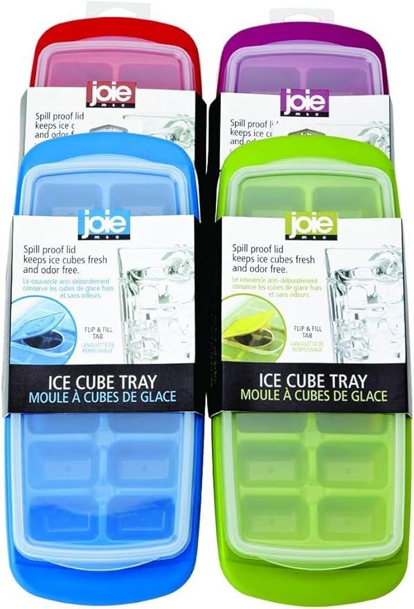 Joie Extra Large Ice Cube Tray, Covered and Stackable, No-Spill Removable Lid, Pop Open Door for Easy Refills, Keeps Ice Fresh, Freezer Durable, Dishwasher Safe, Green and Red, 2 Pack