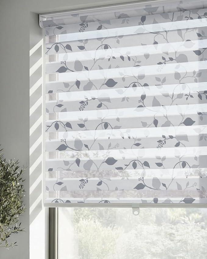 Cordless Zebra Blinds for Windows, Foggy Laurel, 23" W x 72" H LazBlinds Patterned Dual Layer Free-Stop Roller Shades for Ultimate Privacy & Light Control, Elegant Window Blinds & Shades