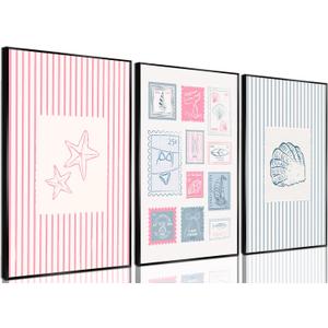 3Pcs Trendy Coastal Pink Canvas Wall Art Blue Seashell Bikini Painting Picture Wall Decor Pastel Coquette Preppy Ocean Poster Print Artwork for Bedroom Dorm Apartment Home Decoration Unframed