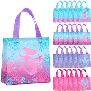 Selivaia 24 PCS Mermaid Gift Party Favor Bags with Handle Non Woven Goodie Bags Birthday Favor for Birthday Baby Shower Packaging Supplies Party Decoration