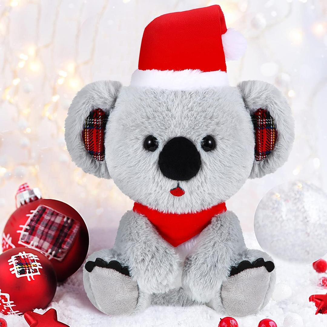 Threan 8 Inch Christmas Stuffed Animal Christmas Plush Doll with Santa Hat for Holiday Decoration Winter Gifts(Koalas Style)