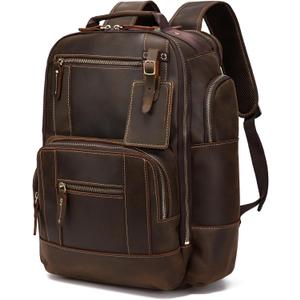 LANNSYNE Vintage Genuine Leather Backpack for men, 15.6" Laptop Backpack Travel Camping 24L Rucksack, 17" x 7.8" x 13.7"
