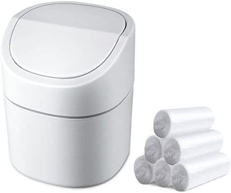 Mini Desk Trash Can with Lid with Trash Bags 180 Pcs Swing-Lid Tiny Countertop Garbage Bin Small Table Top Plastic Covered Waste Basket