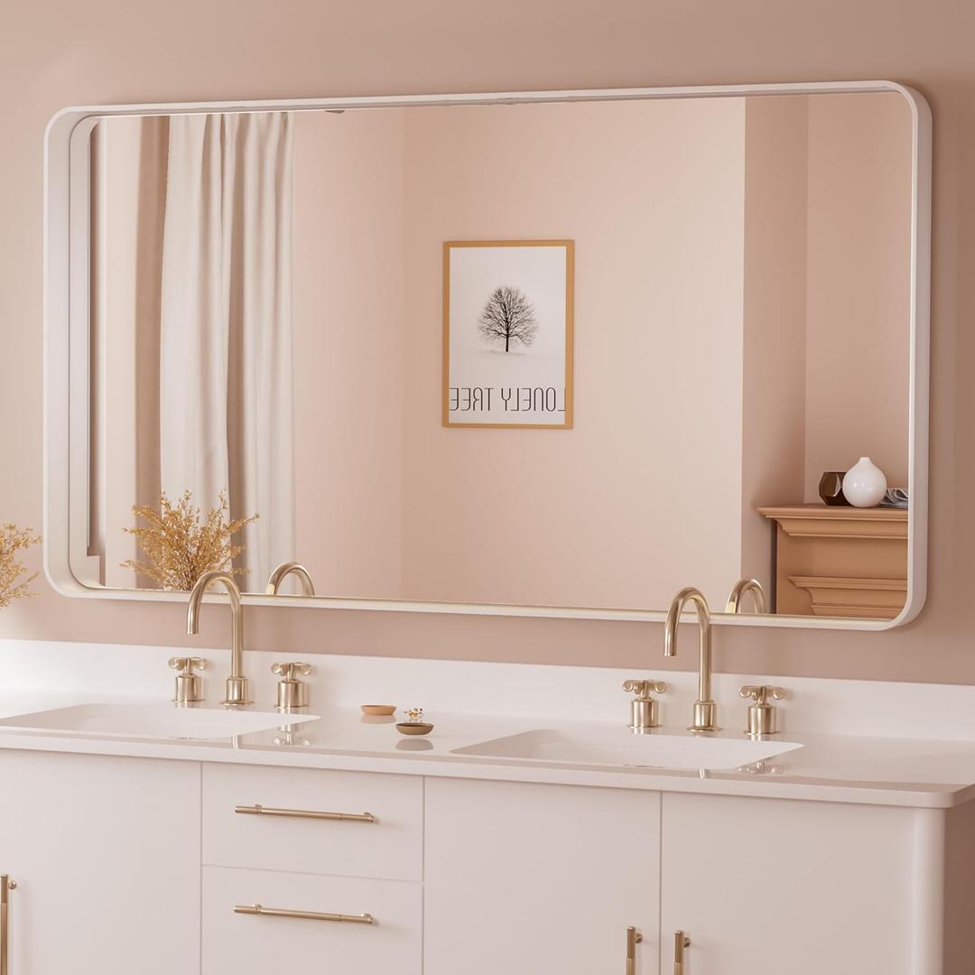 TETOTE 55 x 30 Inch Bathroom Mirror, White Modern Metal Frame Rectangle Modern Farmhouse Wall Mounted Vanity Mirror with Sandy Textured Surface(Horizontal/Vertical)