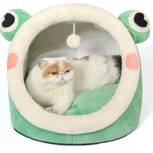 Jiupety Cute Cat Bed, Indoor Lovely Velvet Igloo for Cat and Small Dog, Warm Cave Sleeping Nest Bed for Puppy and Kitten, Green Frog, L