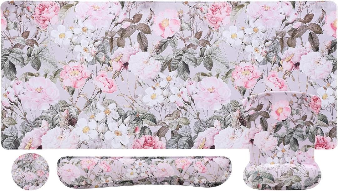 MEGREZ 4-in-1 Ergonomic Memory Foam Wrist Support Set, Desk Pad + Mouse Pad with Wrist Rest + Keyboard Wrist Rest + Coaster, Keyboard and Mouse Pad for Pain Relief, Office, and Gaming, Pink Flowers