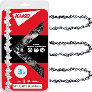 KAKEI Pole Saw Chain 8 Inch 3/8" LP Pitch .043" Gauge 34 Drive Links Fits DeWalt 20V DCPS620/DCCS623B, Craftsman CMCCSP20, 79240 - DWO1DT608, R34 (3 Chains) - Semi Chisel